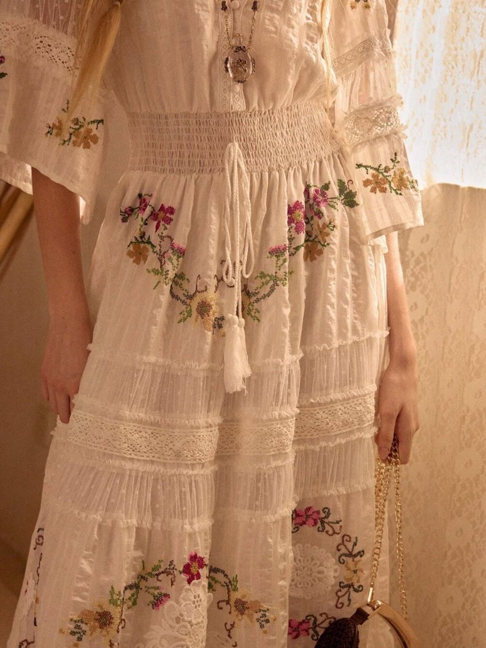 Beige Boho Women's Embroidered Patchwork Long Vacation Dress - Picture 3 of 8